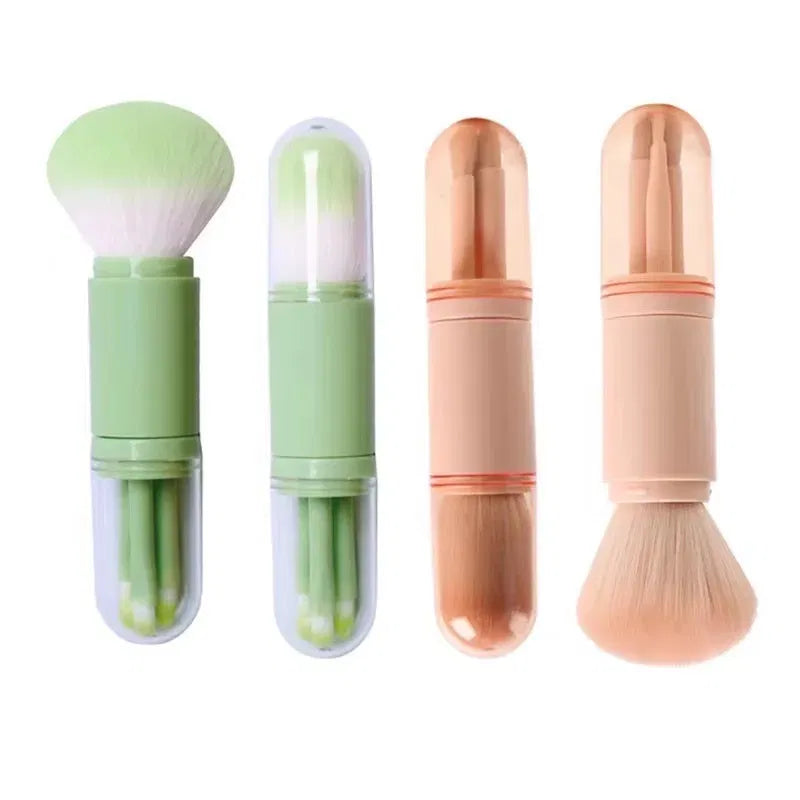 Handle Color: green - 4pcs/set 4 In 1 Telescopic Makeup Brush Portable Travel Makeup Brushes Set Eyeshadow Loose Powder Mini Makeup Brush Beauty Tools