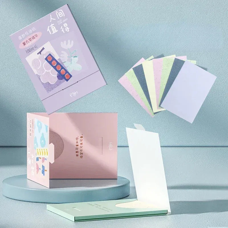 Color: Pink - 100pcs/set Facial Oil Blotting Paper Matte Face Wipes Oil Control Oil-absorbing Face Cleaning Beauty Makeup Tools Accessories