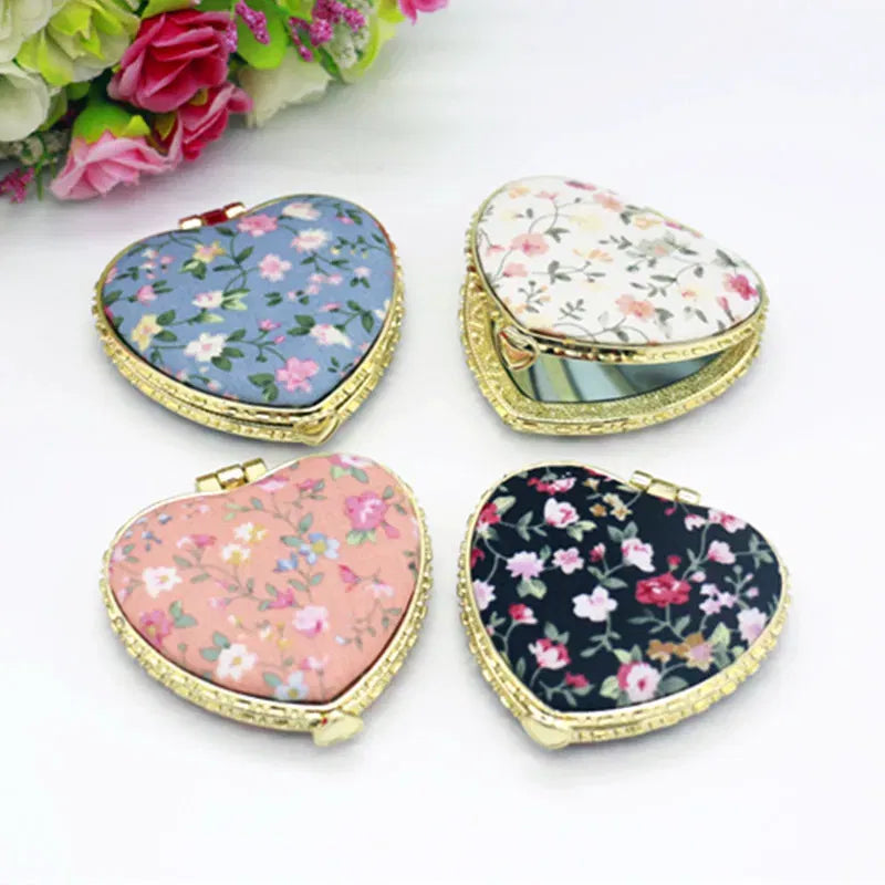 Color: GRAY - Vintage Foldable Makeup Mirror Mini Heart Round Makeup Vanity Mirror Portable Hand Mirrors Compact Mirror Pocket Cosmetic Mirror