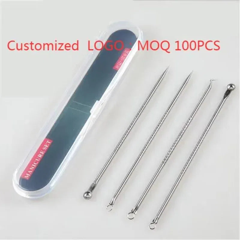 Color: Silver - 4PCS Stainless Steel Acne Needle Electroplating Colorful Rose Gold Acne Needle Extrusion Blackhead Tool Can Be Customized LOGO