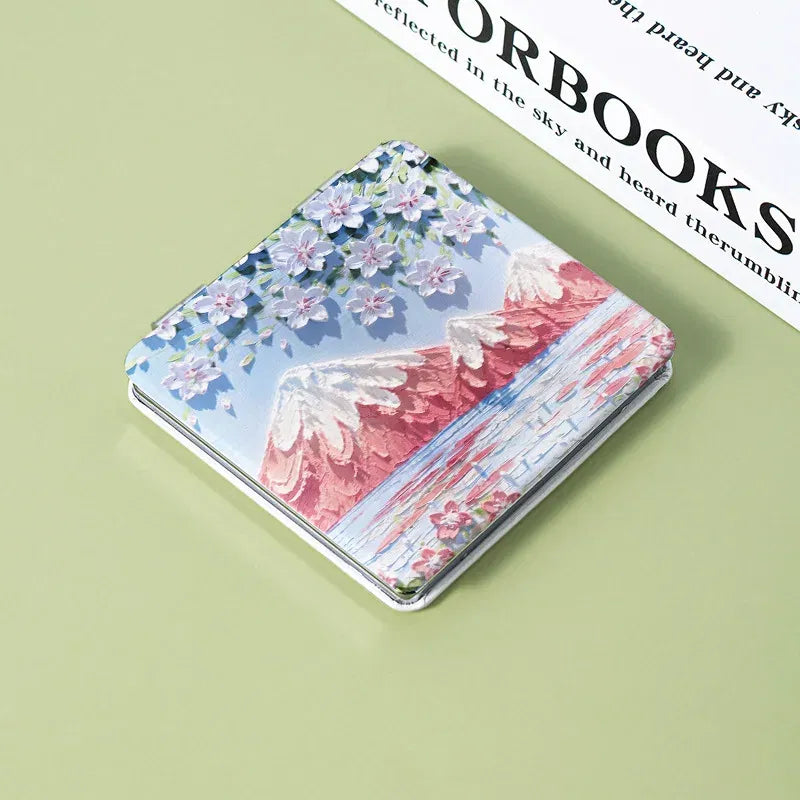 Color: WHITE - Oil Painting Makeup Mirror 2X Magnifying Cosmetic Mirror Portable Women Folding Double-Sided Small Mirror Beauty Tools