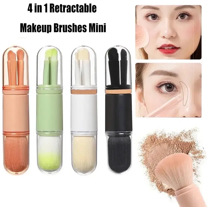 Handle Color: green - 4pcs/set 4 In 1 Telescopic Makeup Brush Portable Travel Makeup Brushes Set Eyeshadow Loose Powder Mini Makeup Brush Beauty Tools
